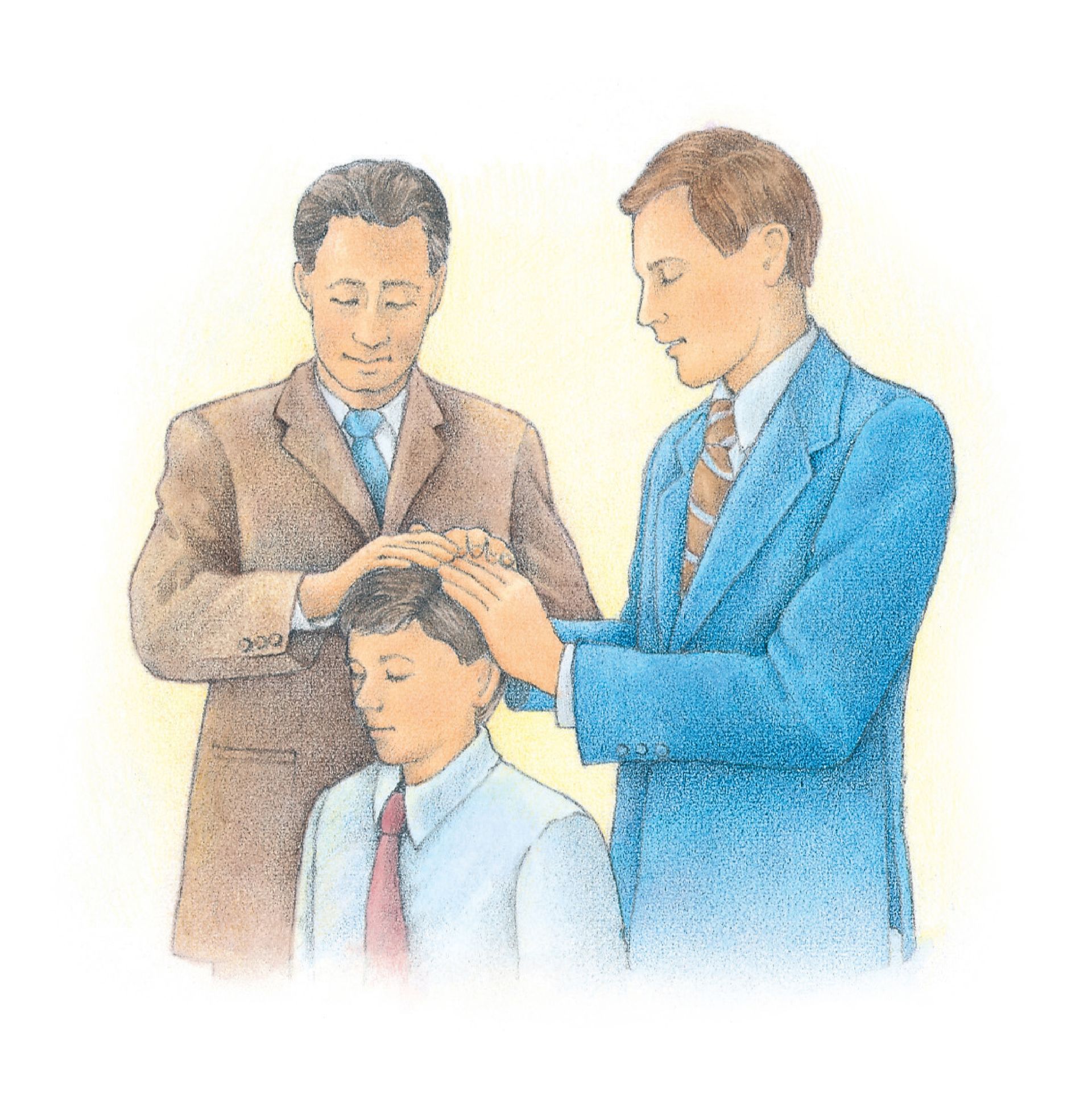 A young boy receiving the priesthood by the laying on of hands. From the Children’s Songbook, page 125, “The Fifth Article of Faith”; watercolor illustration by Beth Whittaker.