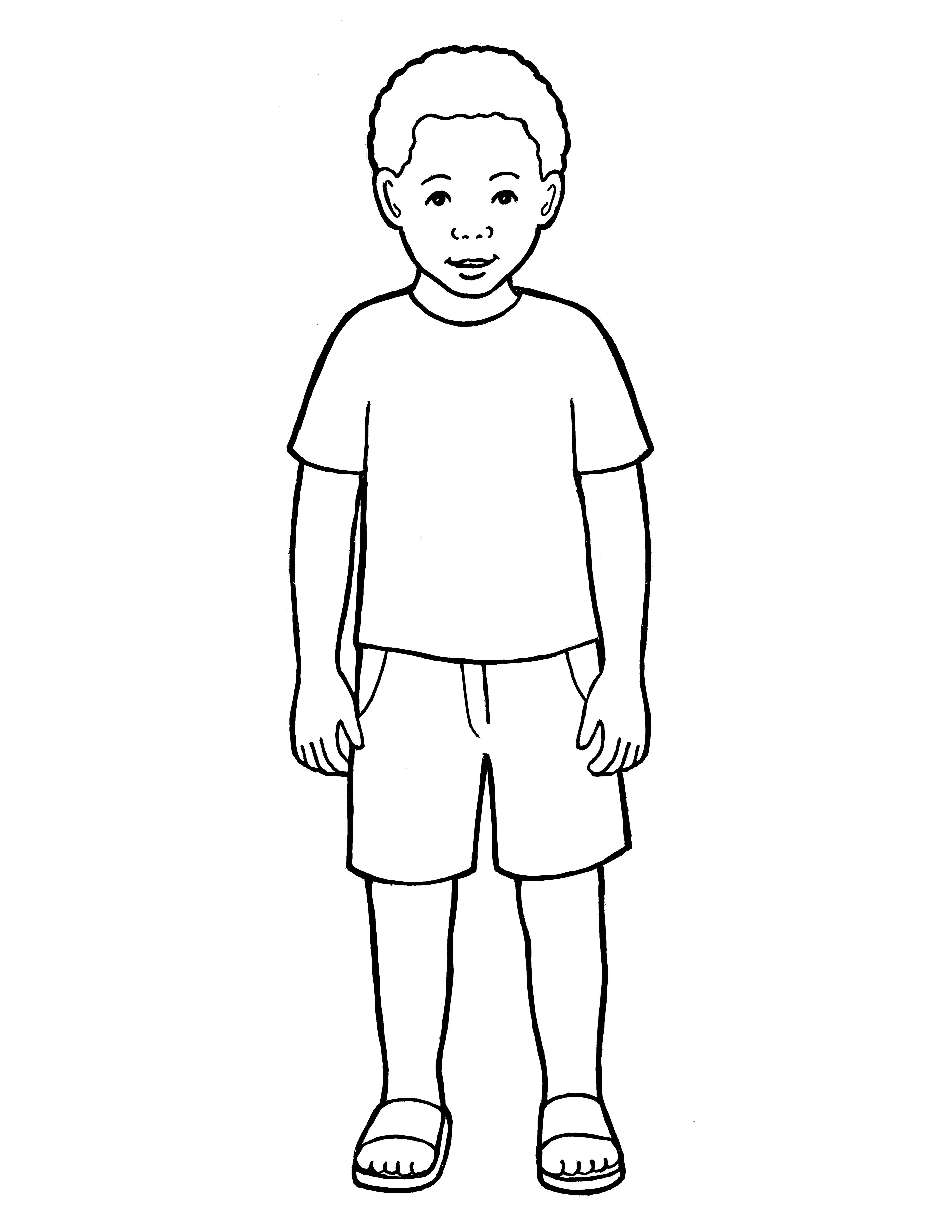 An illustration of a Primary-age boy standing, from the nursery manual Behold Your Little Ones (2008), page 47.