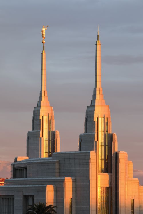 The spires of the Rome Italy Temple at sunset.