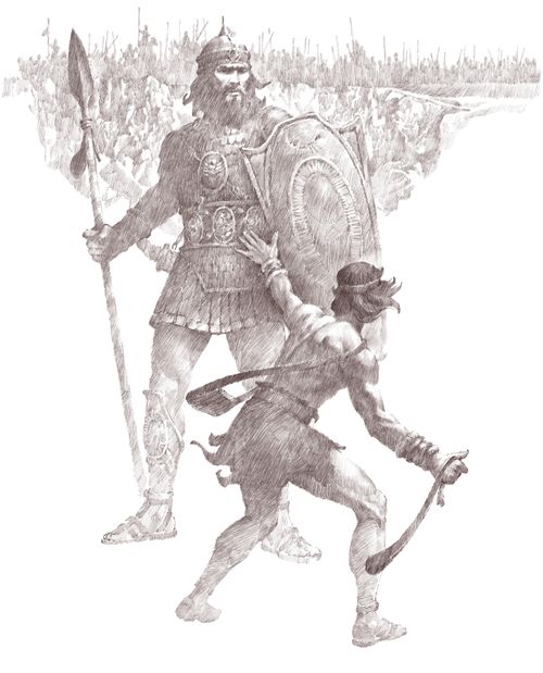A drawing by Ted Henninger showing a young David attacking the giant, well-armored Goliath with a small sling.