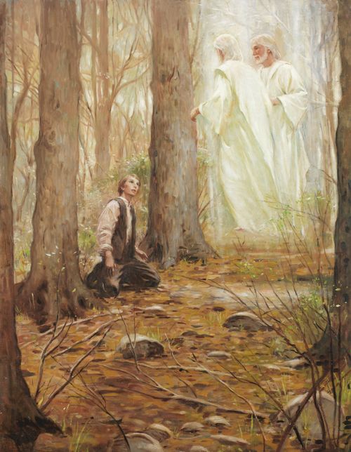 A painting depicting the Father and the Son appearing to Joseph Smith in the Sacred Grove.