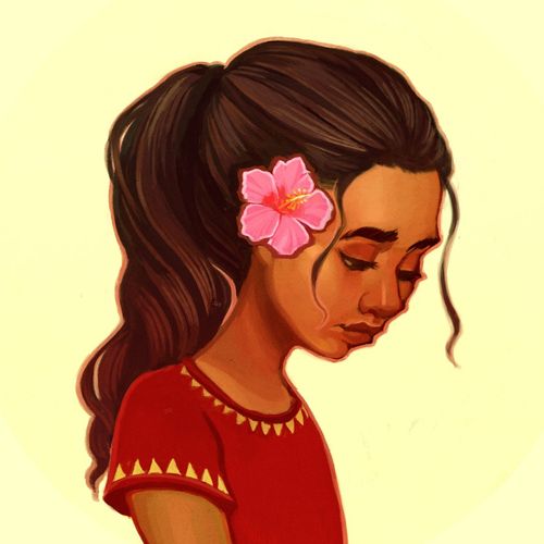 a young woman with a flower in her hair looking thoughtful