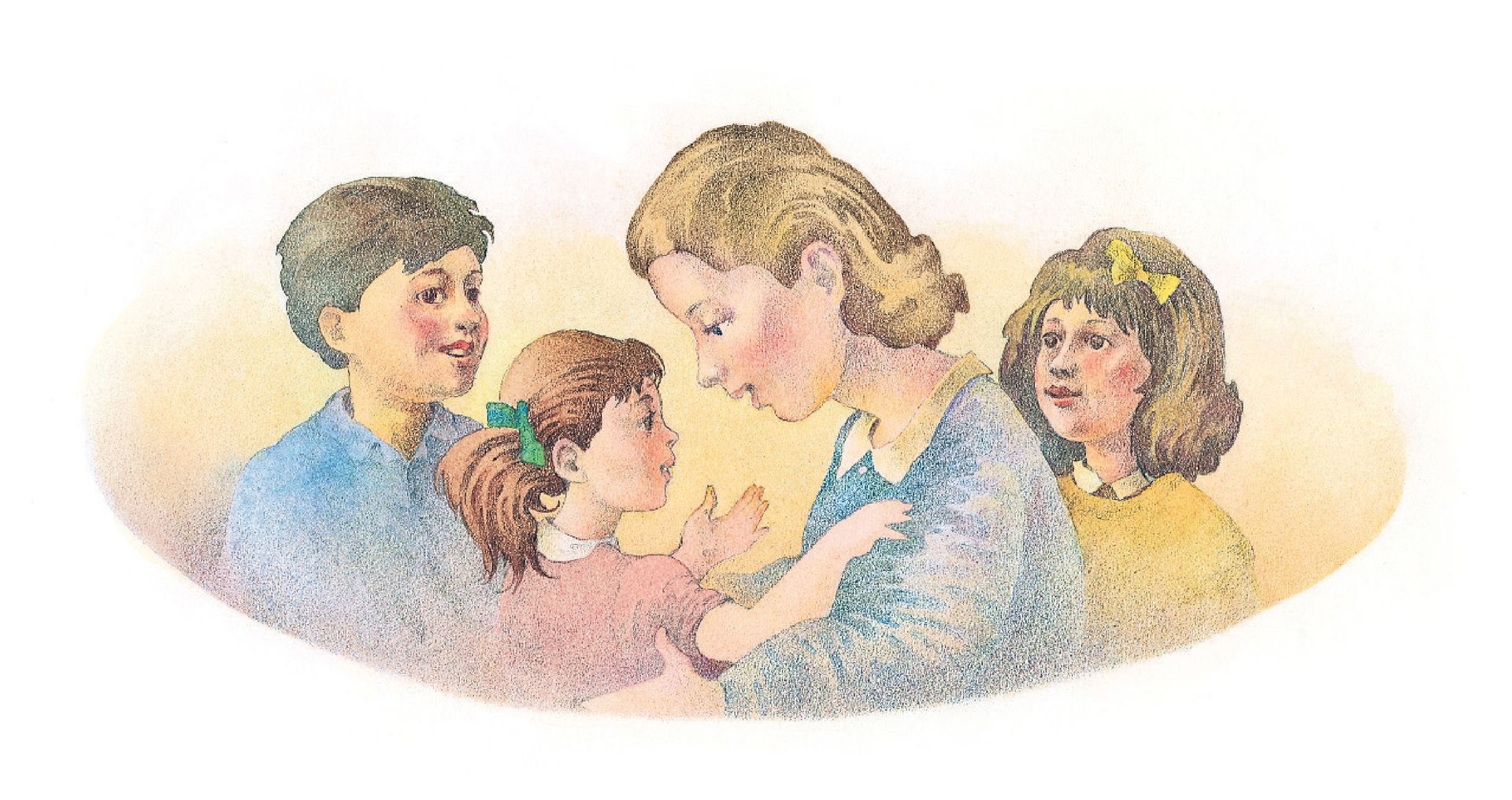A mother interacting with her child while two other children stand nearby. From the Children’s Songbook, page 260, “Hello Song”; watercolor illustration by Richard Hull.