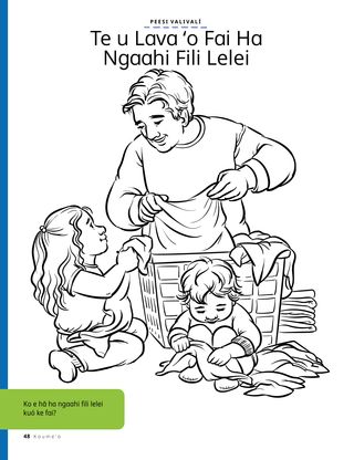 coloring page of girl helping dad fold laundry