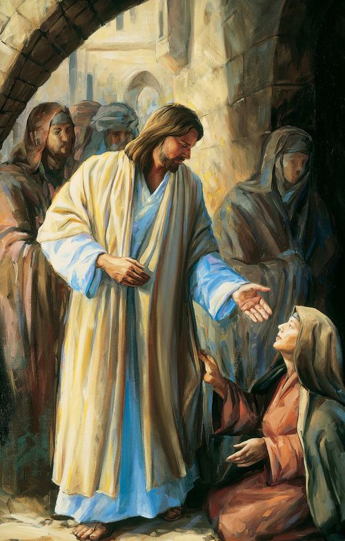 femme agenouillée près du Christ