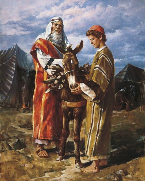 The Old Testament prophet Abraham with his son Isaac. Isaac is portrayed as a young man. Abraham and Isaac are standing by a donkey. The donkey is carrying wood for Abraham to use to prepare a sacrifice. The image depicts Abraham preparing to obey the command to sacrifice his son Isaac.