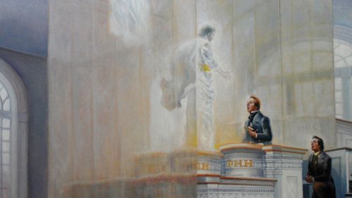 Image of Moses Elias and Elijah descending into the Kirtland temple and appearing to Joseph Smith.