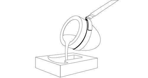 Illustration of a crucible with molten metal pouring into a mold