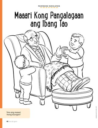 coloring page of boy giving drink to grandpa