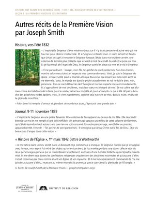 Feuille à distribuer : Autres récits de la Première Vision par Joseph Smith