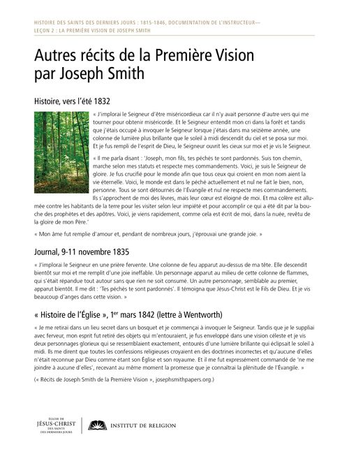 Feuille à distribuer : Autres récits de la Première Vision par Joseph Smith