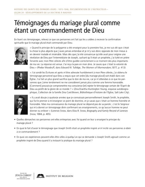 Document à distribuer : Témoignages du mariage plural comme étant un commandement de Dieu