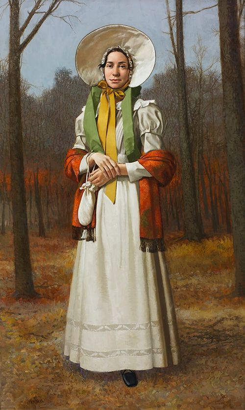 Painting of a young woman dressed in nineteenth-century clothing with a large hat and colorful shawl.