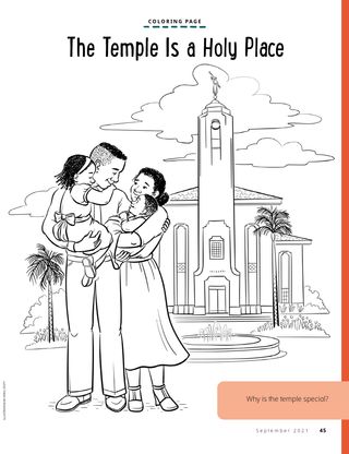 coloring page of family standing outside temple