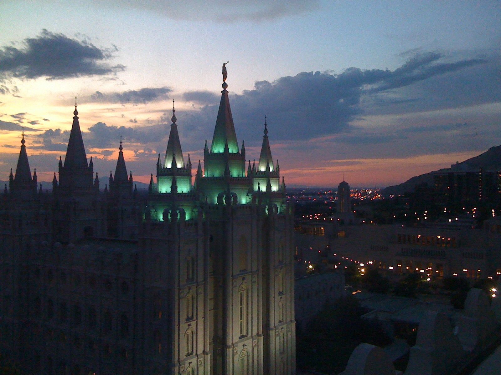 The Salt Lake Temple in the evening, including the city.