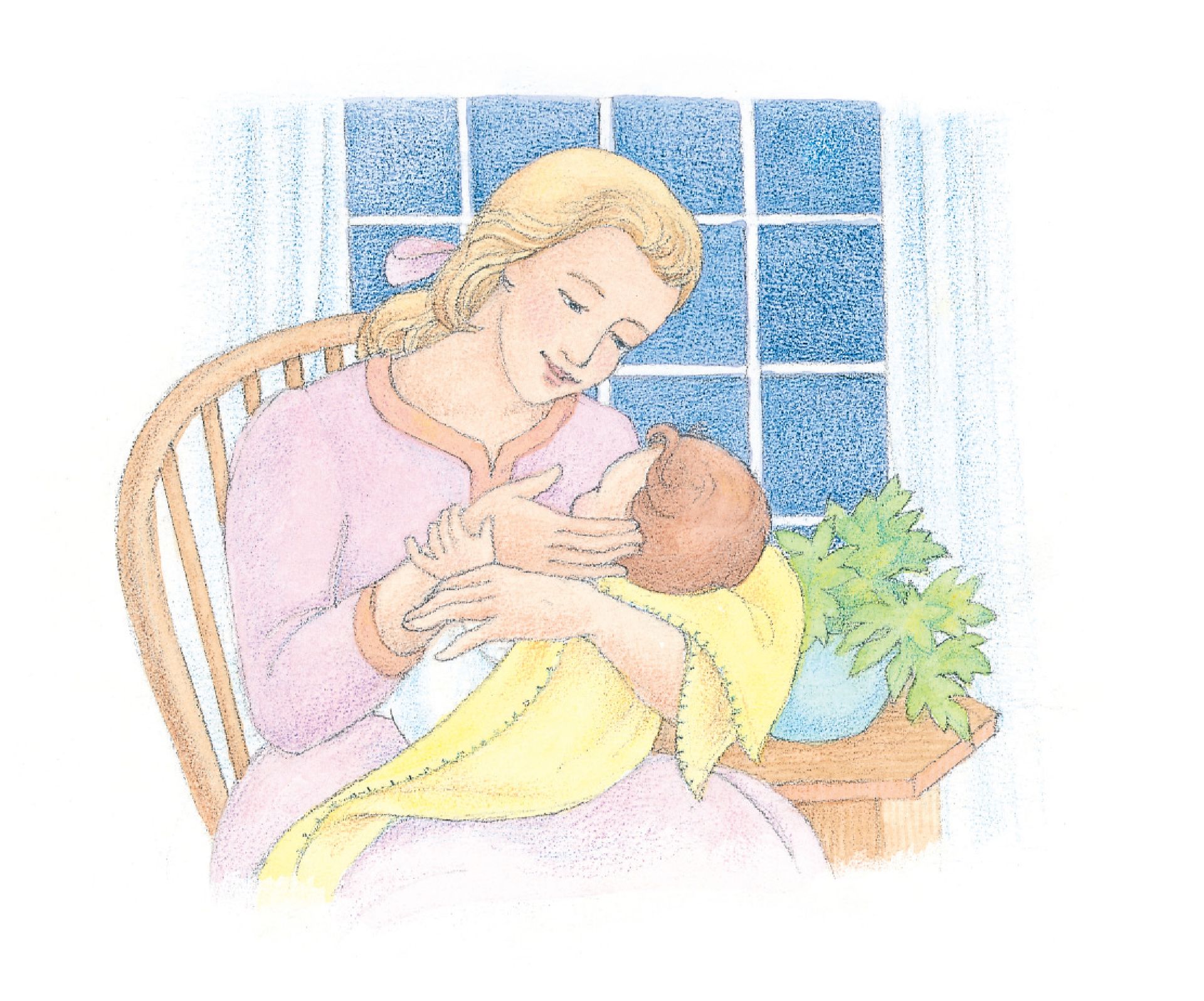 A mother holding and interacting with her baby. From the Children’s Songbook, page 48, “Oh, Hush Thee, My Baby”; watercolor illustration by Phyllis Luch.
