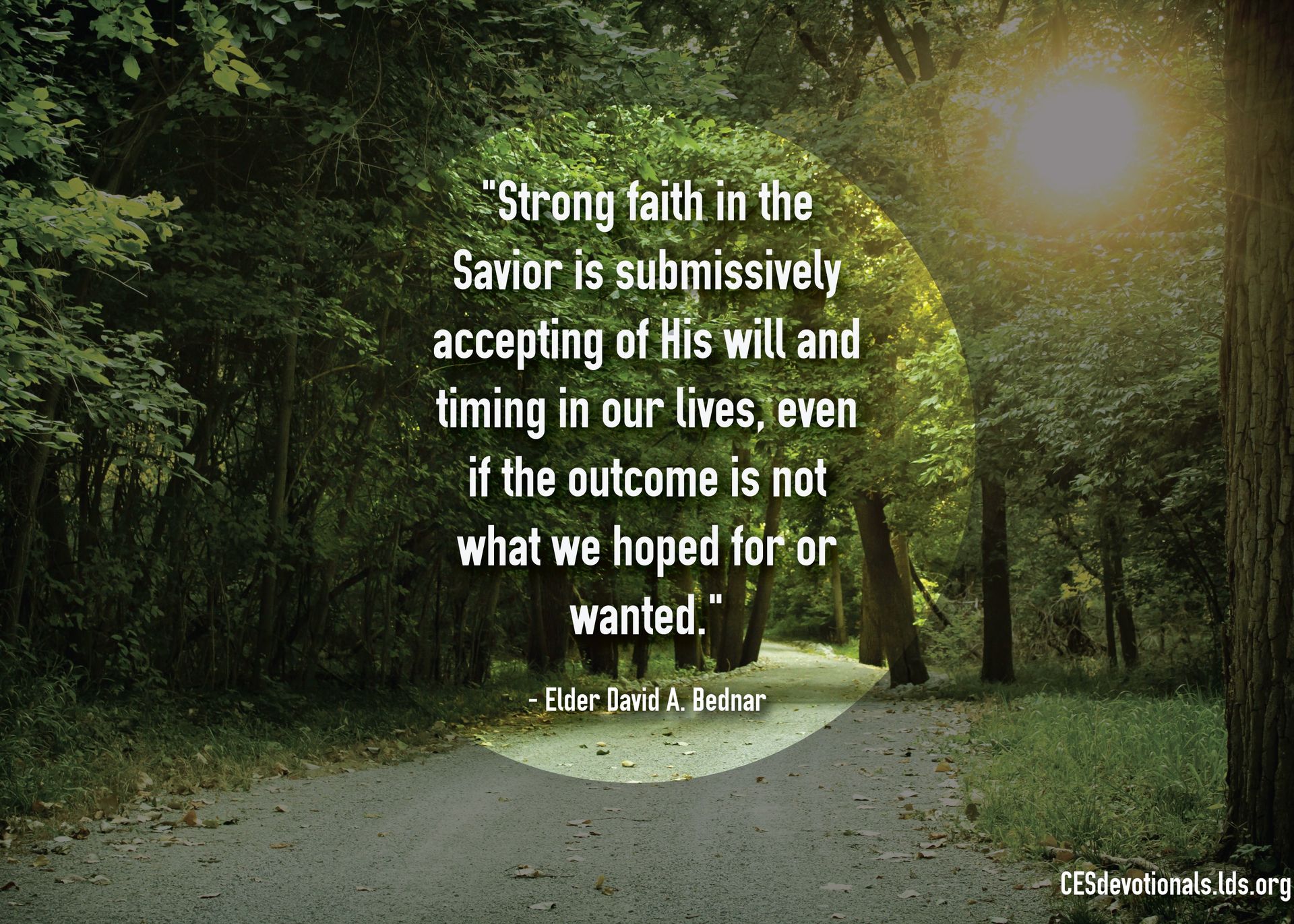 “Strong faith in the Savior is submissively accepting of His will and timing in our lives, even if the outcome is not what we hoped for or wanted.”—Elder David A. Bednar, “That We Might ‘Not … Shrink’” © undefined ipCode 1.