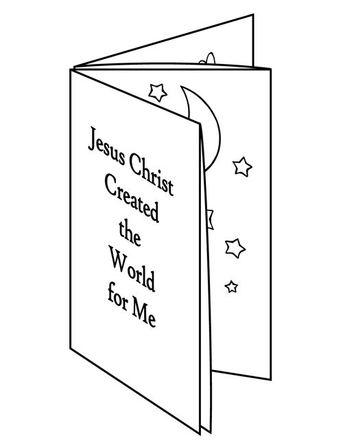 A black-and-white illustration of a booklet that says "Jesus Christ created the world for me" on the cover with images of the Creation seen inside.