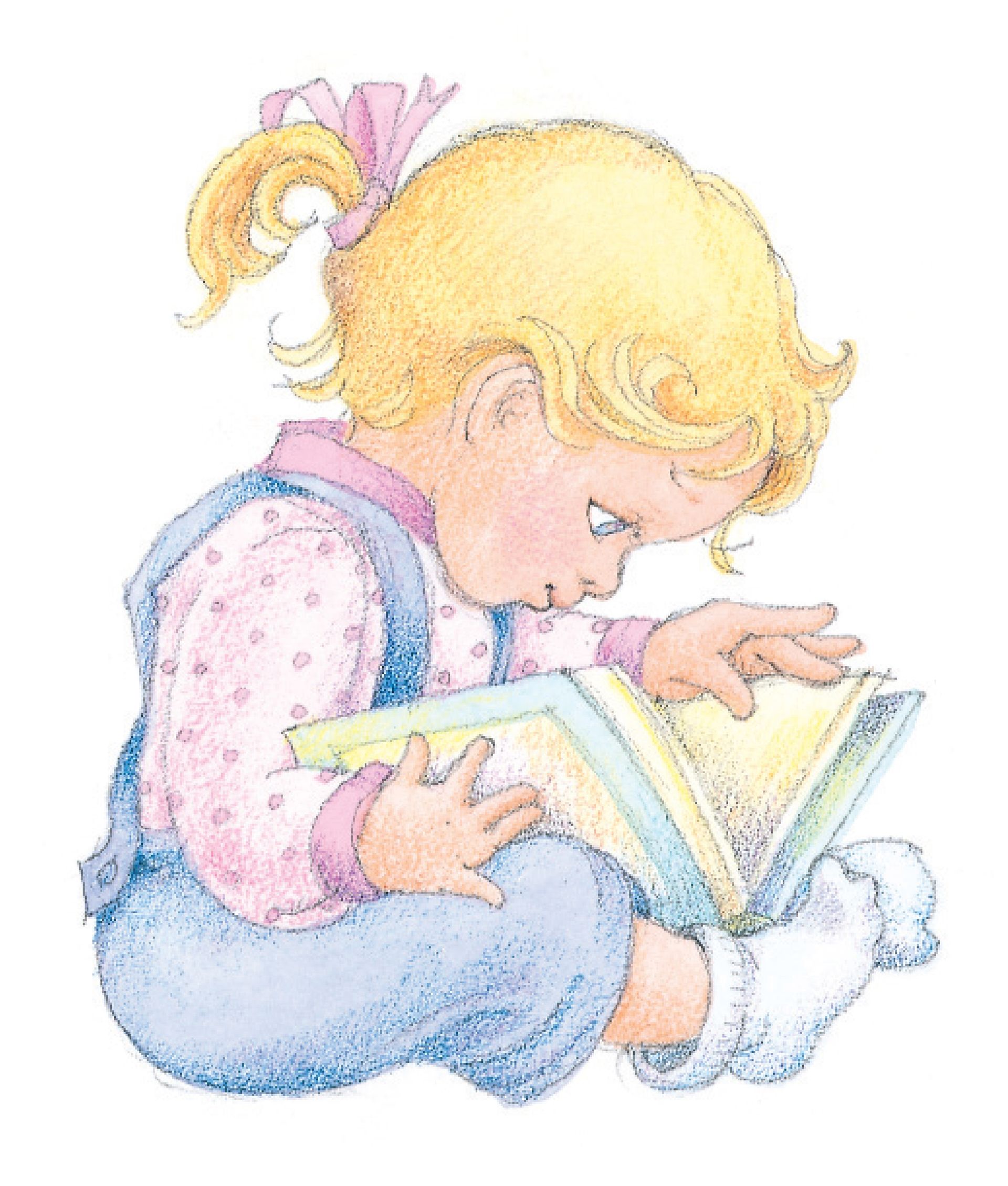 A small girl looking at a book. From the title page of the Children’s Songbook; watercolor illustration by Phyllis Luch.