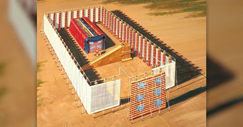 A depiction of the Israelite tabernacle in the wilderness. The tabernacle is viewed from above. The interior and exterior of the tabernacle are depicted.