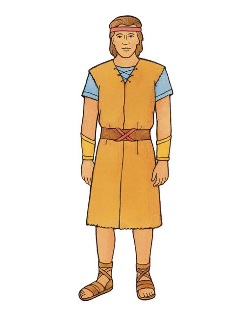 An illustration of Nephi dressed in a blue shirt, a brown robe, and sandals.