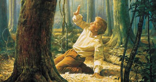 Joseph Smith, Jr. depicted kneeling in the Sacred Grove during the First Vision. A ray of light can be seen coming from the sky down through the trees toward Joseph.