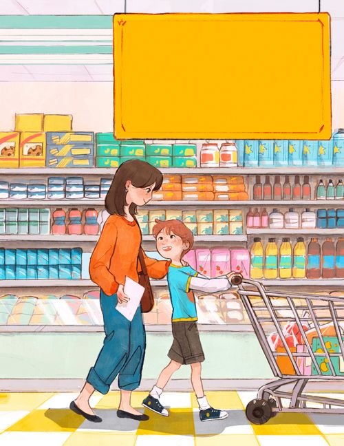 Ein Junge und seine Mutter kaufen Lebensmittel