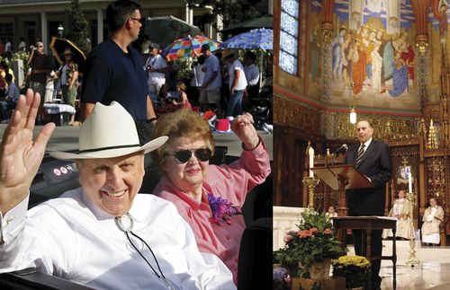 Thomas S. Monson waving during parade and speaking in the Cathedral of the Madeleine