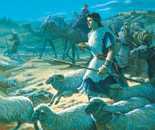 A painting by Scott Snow of Lehi and his family walking and riding camels as they leave Jerusalem and journey into the wilderness.