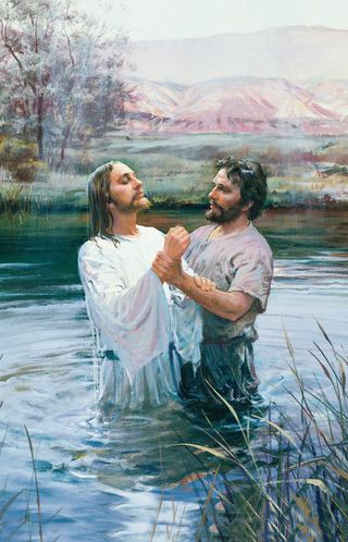 Jesus Christ being baptized by John the Baptist in the River Jordan.  Christ has been immersed and is ascending out of the water.