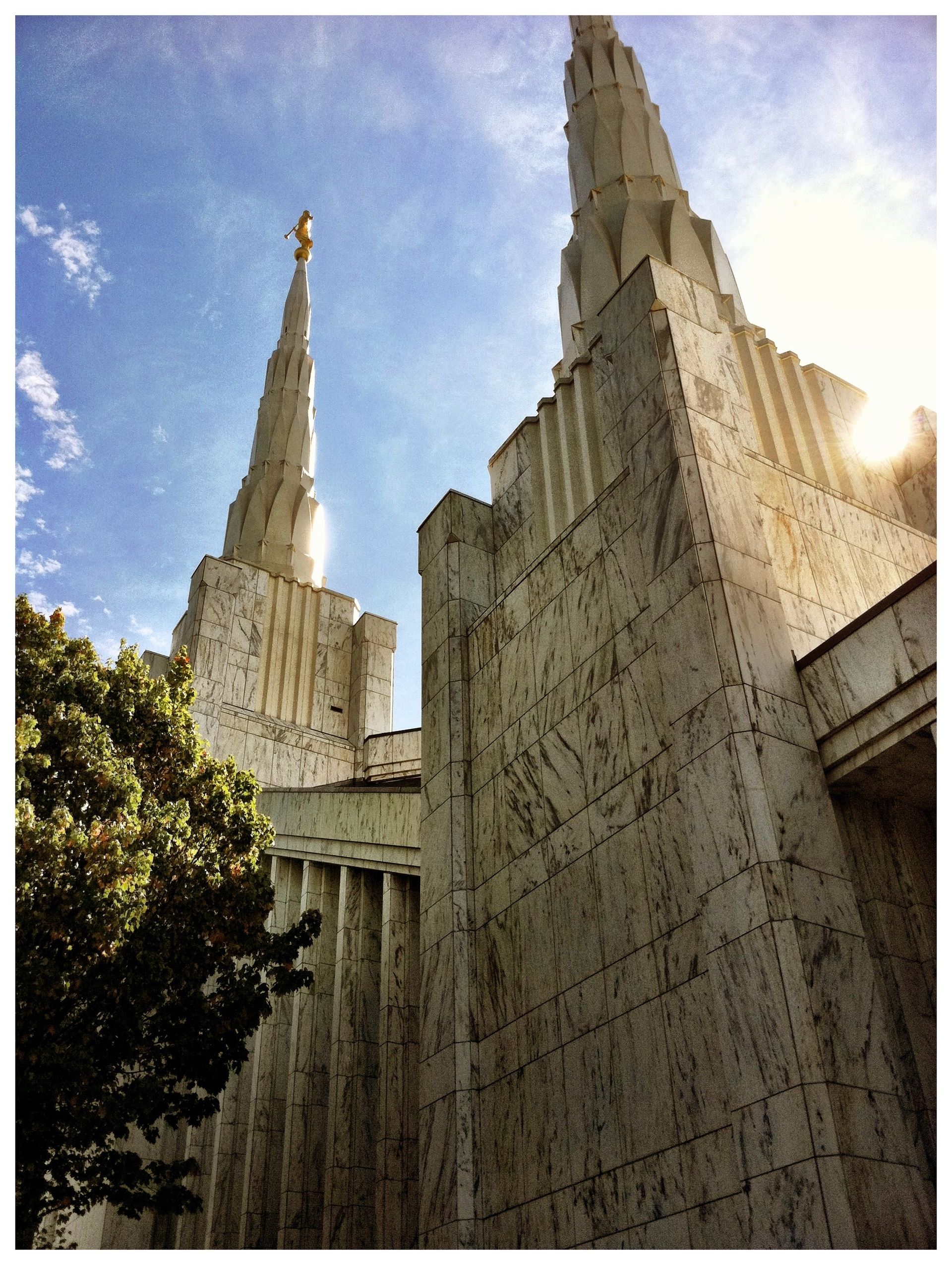 The Portland Oregon Temple spires, including the exterior of the temple.