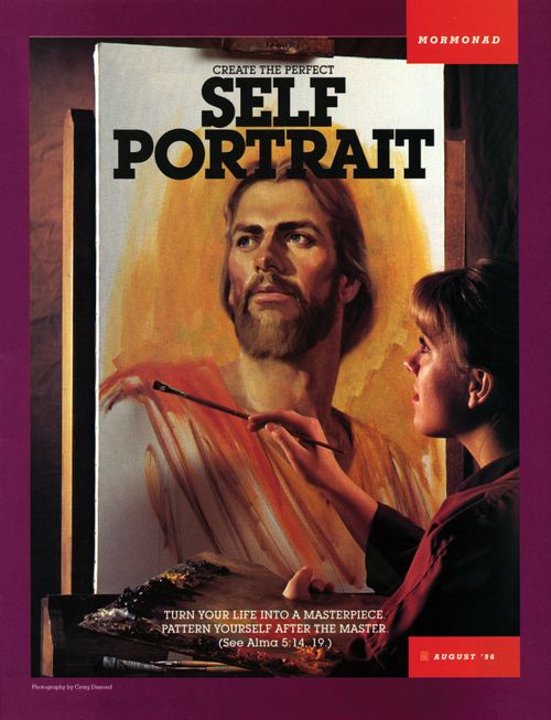 A conceptual photograph of a young woman painting a portrait of the Savior, paired with the words “Create the Perfect Self Portrait.”