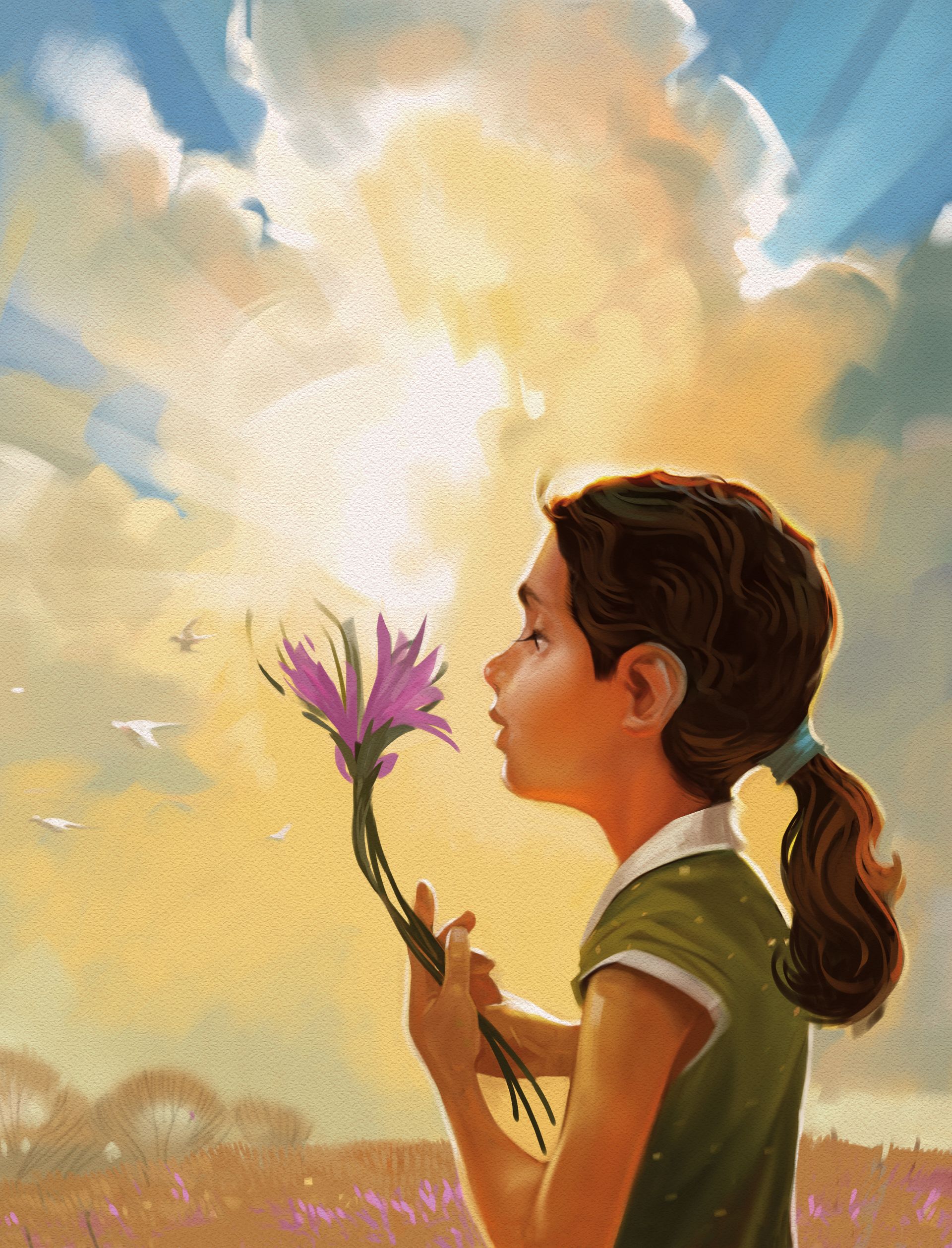 A girl picks purple wildflowers from a field and holds them up to look at them.