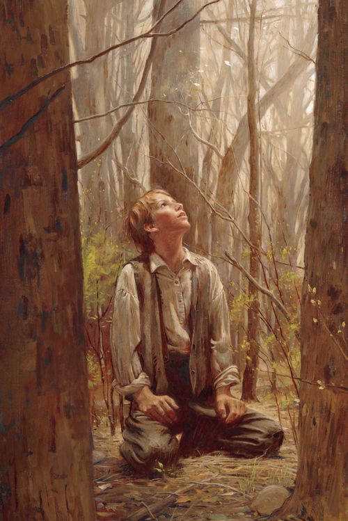 Painting of a young boy kneeling looking up at a grove of trees.   At the center of the painting is a young boy (age 14) kneeling.  His hands are resting on his thighs and he looks up at a light source above his head.  The boy wears grey trousers (with suspenders) and grey vest and an off-white shirt.  The shirt has a collar and two button placket at the front and the sleeves are rolled.  The young boy had blond hair that is slightly rumpled.  The background his a grove of trees, almost all with no leaves.  There are some low saplings immediately behind the boy.  The foreground has rocks, twings and small plants sprouting.  "Walter Rane 04"  appears in the lower right corner in red.