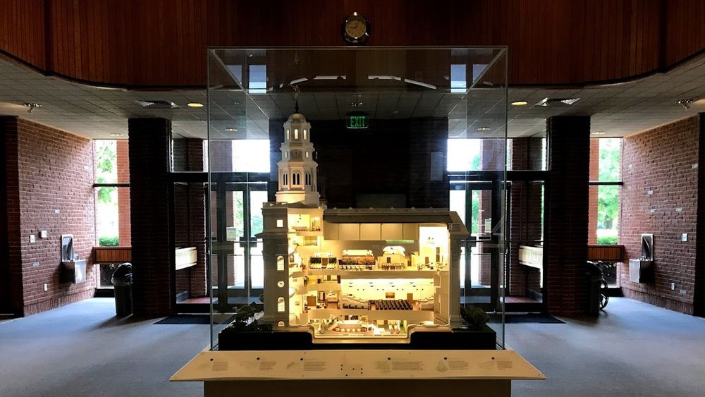 Nauvoo Illinois Temple model with southern façade cutaway revealing interior rooms. 