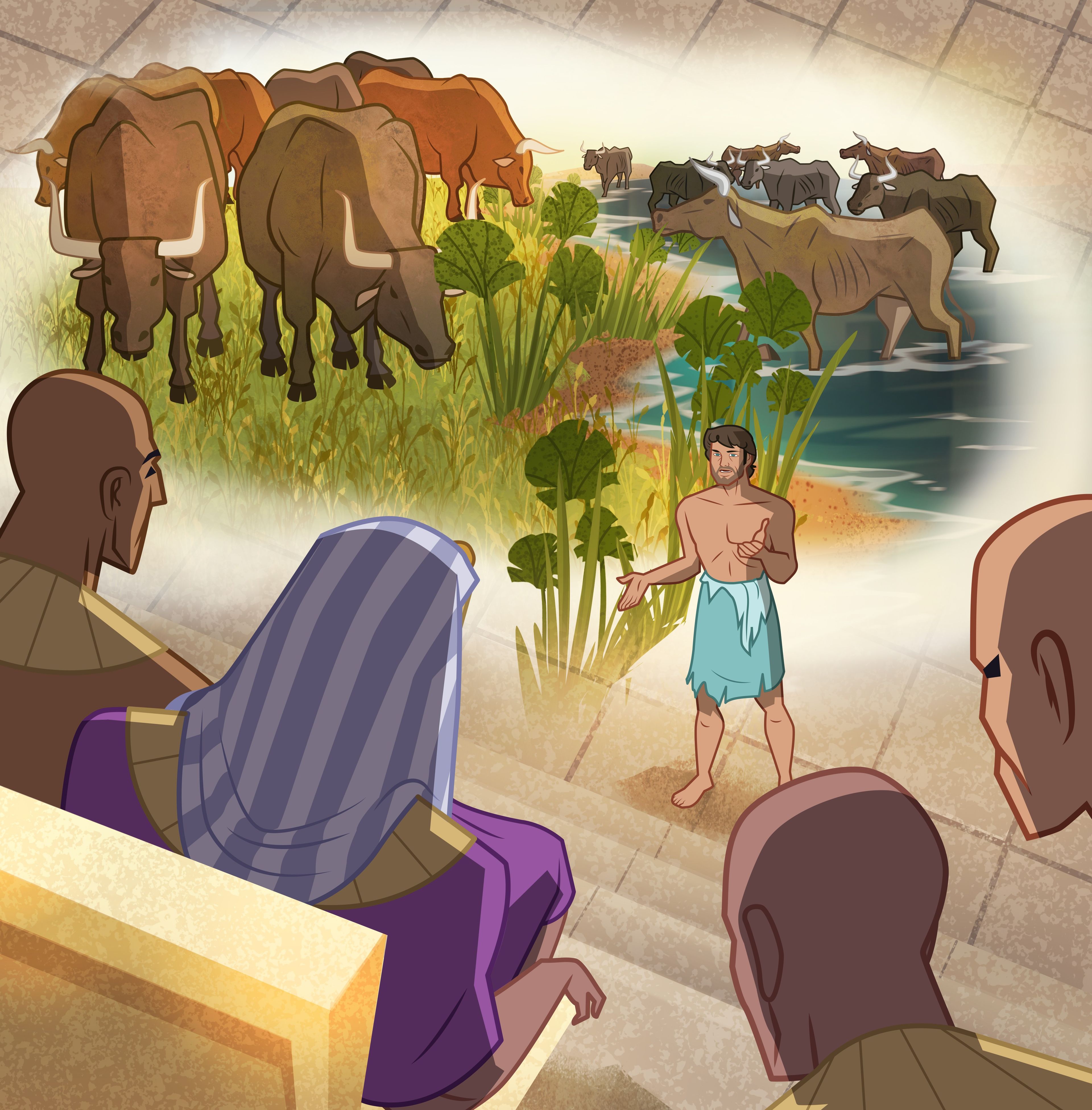 Illustration of Joseph interpreting Pharaoh’s dreams. Genesis 41:14–36