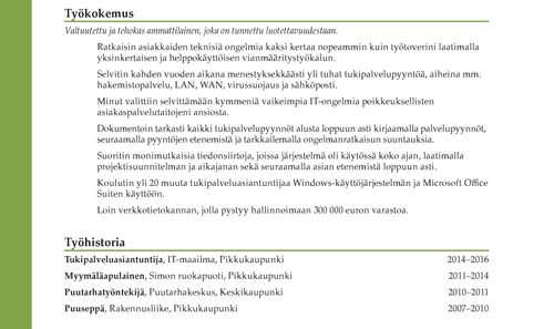 esimerkki hyvästä ansioluettelosta