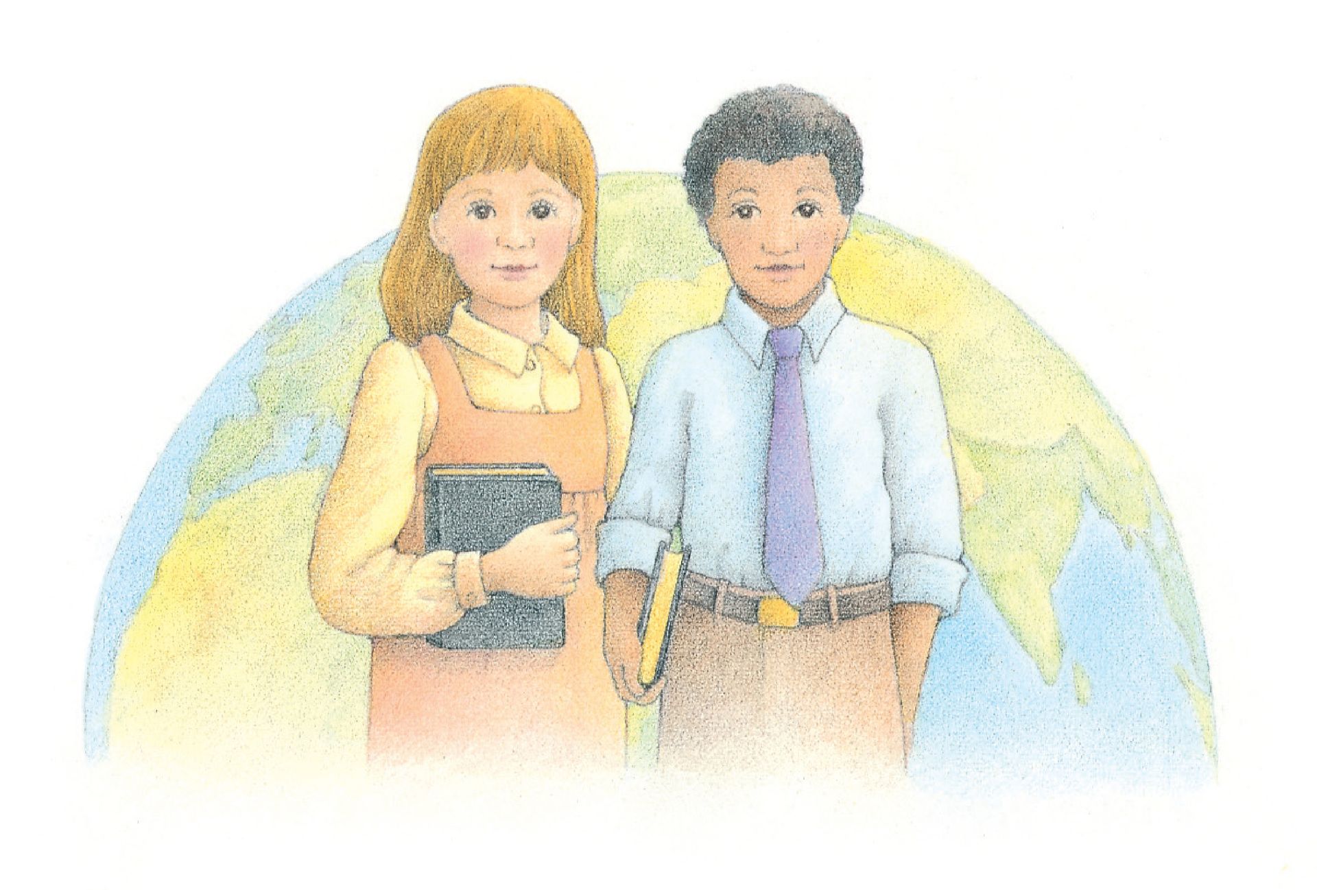 Two children holding scriptures, standing in front of an image of the earth. From the Children’s Songbook, page 172, “We’ll Bring the World His Truth (Army of Helaman)”; watercolor illustration by Beth Whittaker.