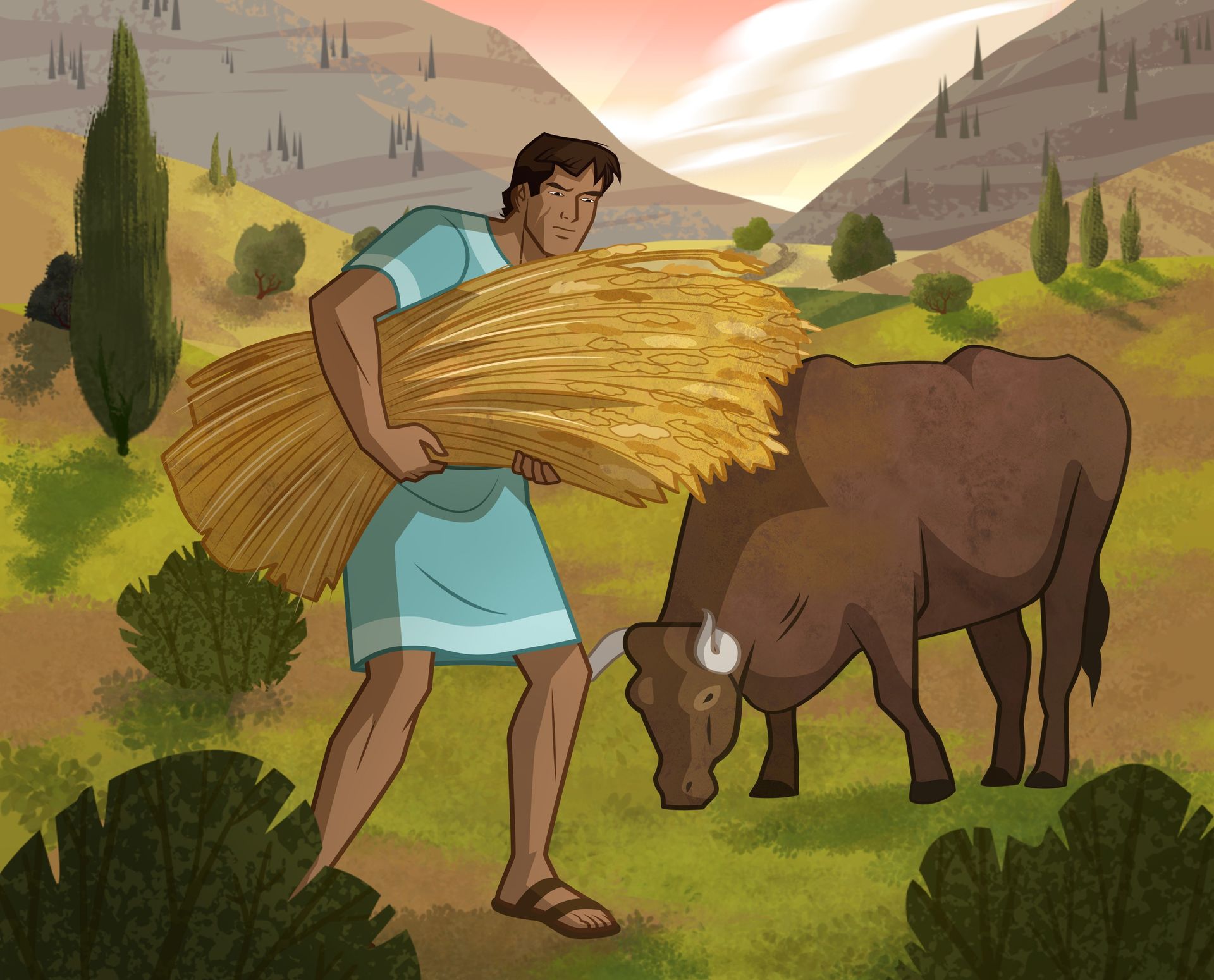 Illustration of Jacob working in field. Genesis 29:21–27