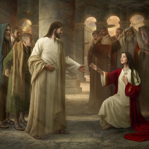 Jesus Christ with a woman who is wearing a red robe.