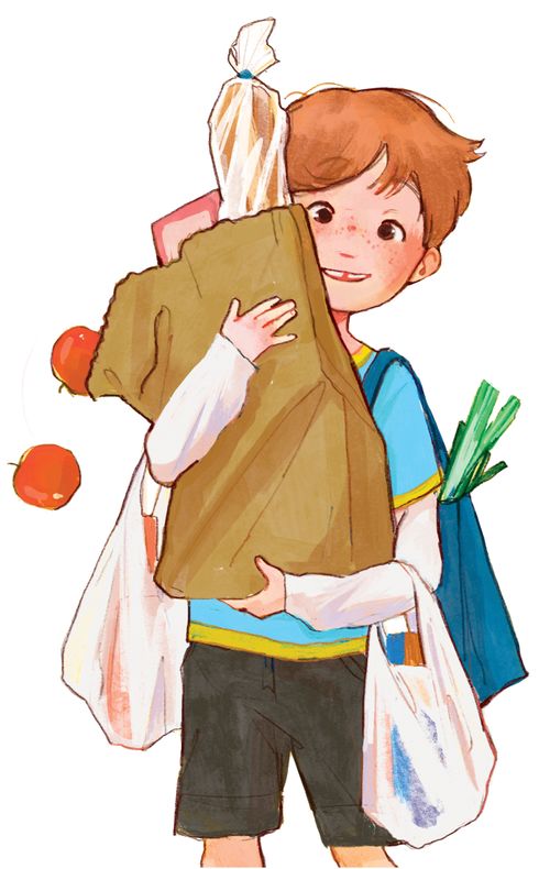 Boy holding bag of groceries