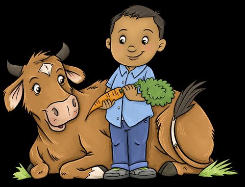 Illustration of a little boy holding a carrot and standing in front of a cow