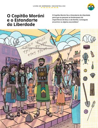 Ilustração de Moróni com o estandarte da liberdade, rodeado de pessoas