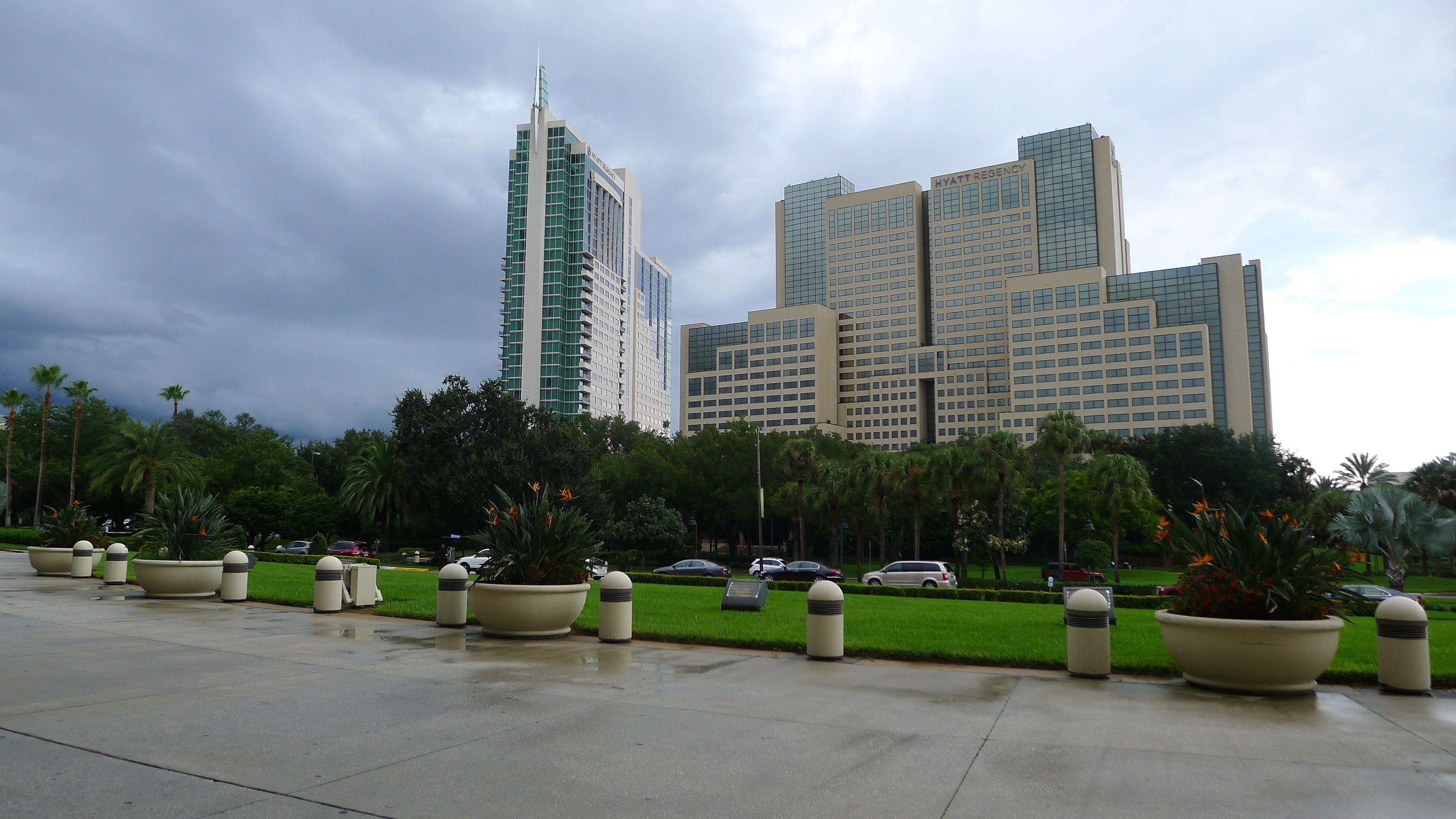 Large buildings on a rainy day in downtown Orlando, Florida.