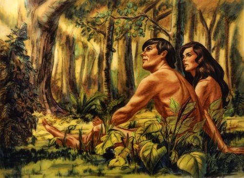 Adam and Eve looking at Garden of Eden