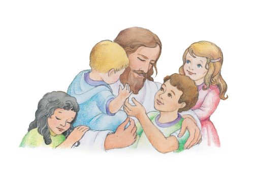 A watercolor illustration of Jesus hugging and talking to four children who surround Him.