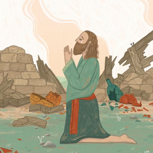 Illustration of Job kneeling in prayer with his home destroyed behind him.