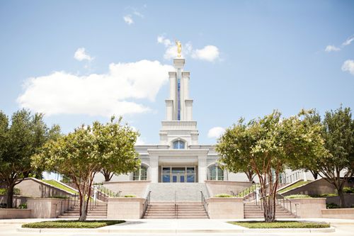 The entrance to the San Antonio Texas Temple, with stairs leading to the doors and a view of the spire, grounds, and trees on either side of the temple.