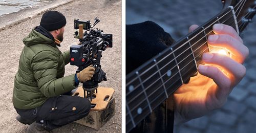 mann med filmkamera, guttehånd på gitar