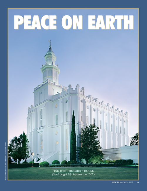 A photograph of the side of the St. George Utah Temple, paired with the words “Peace on Earth.”